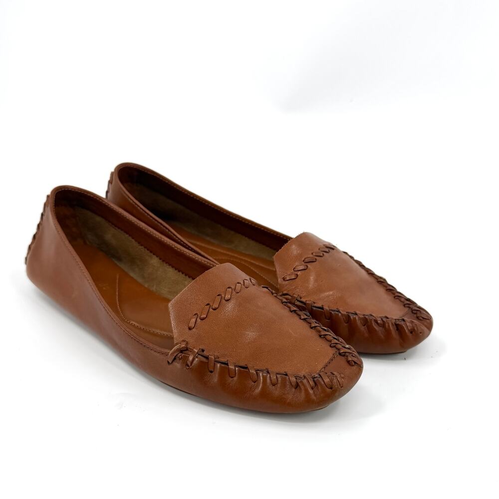 Kate Spade Brown Genuine Leather Whipstitch Moccasin Slip On Loafers